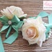 Mens Boutonniere, Blush Pink Rose with Mint ribbon and rhinestone accent 
