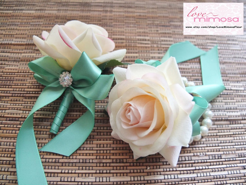 Mens Boutonniere, Blush Pink Rose with Mint ribbon and rhinestone accent 