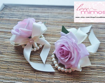 Wrist Corsage,  Lilac Rose with Ivory Ribbon, Silk Flower Corsage, Pearl Bracelet, Prom Accessories, Wedding Favor, Bridesmaid Gifts