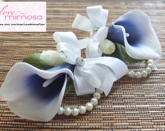 Wrist Corsage, Navy Picasso Calla Lily with White ribbons, Silk Flower Corsage, Wedding Flowers, Prom Accessories, Flower Girl Corsage