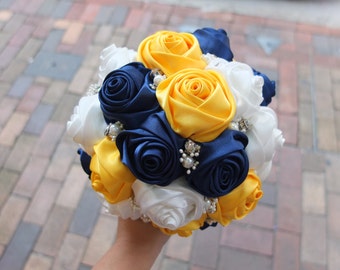 Satin Rose Bouquet,  Ribbon Rose Bouquet, Navy & Yellow satin rose accented with rhinestone