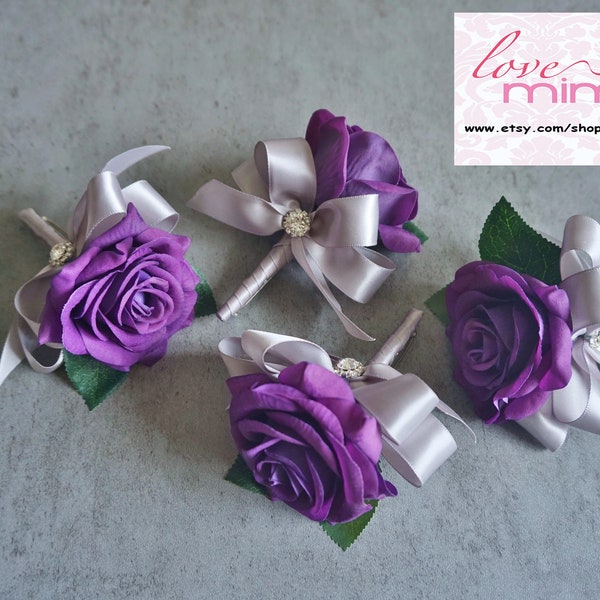 Boutonniere para hombre, Rosa Púrpura y Cinta Gris Plateada, regalos de padrino, corsario de flores de seda, Boda Boho, accesorios de fiesta, page boy