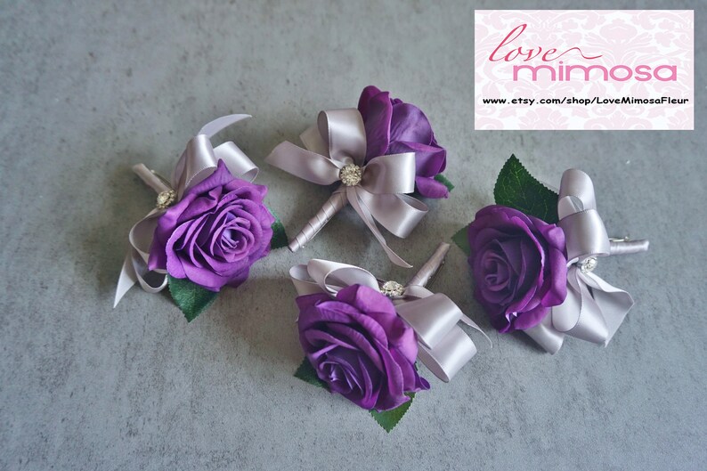 Men's Boutonniere, Purple Rose and Silver Grey Ribbon, groomsman gifts, silk flower corsage, Boho wedding, prom accessories, page boy 