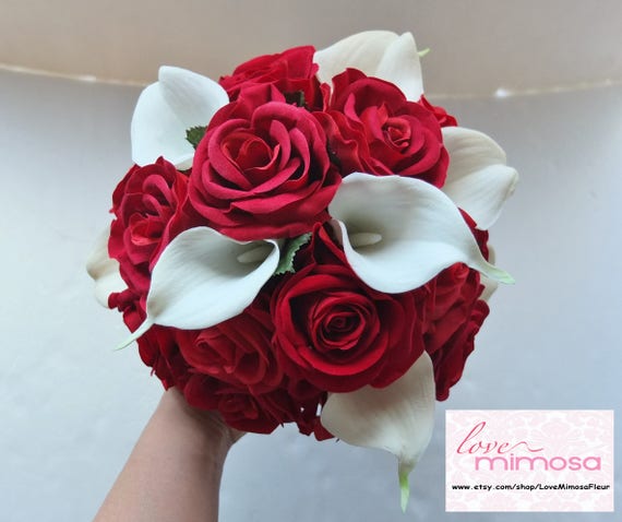 Wedding Bouquet Red Rose and White Calla Lilies Bridal Bouquet Etsy
