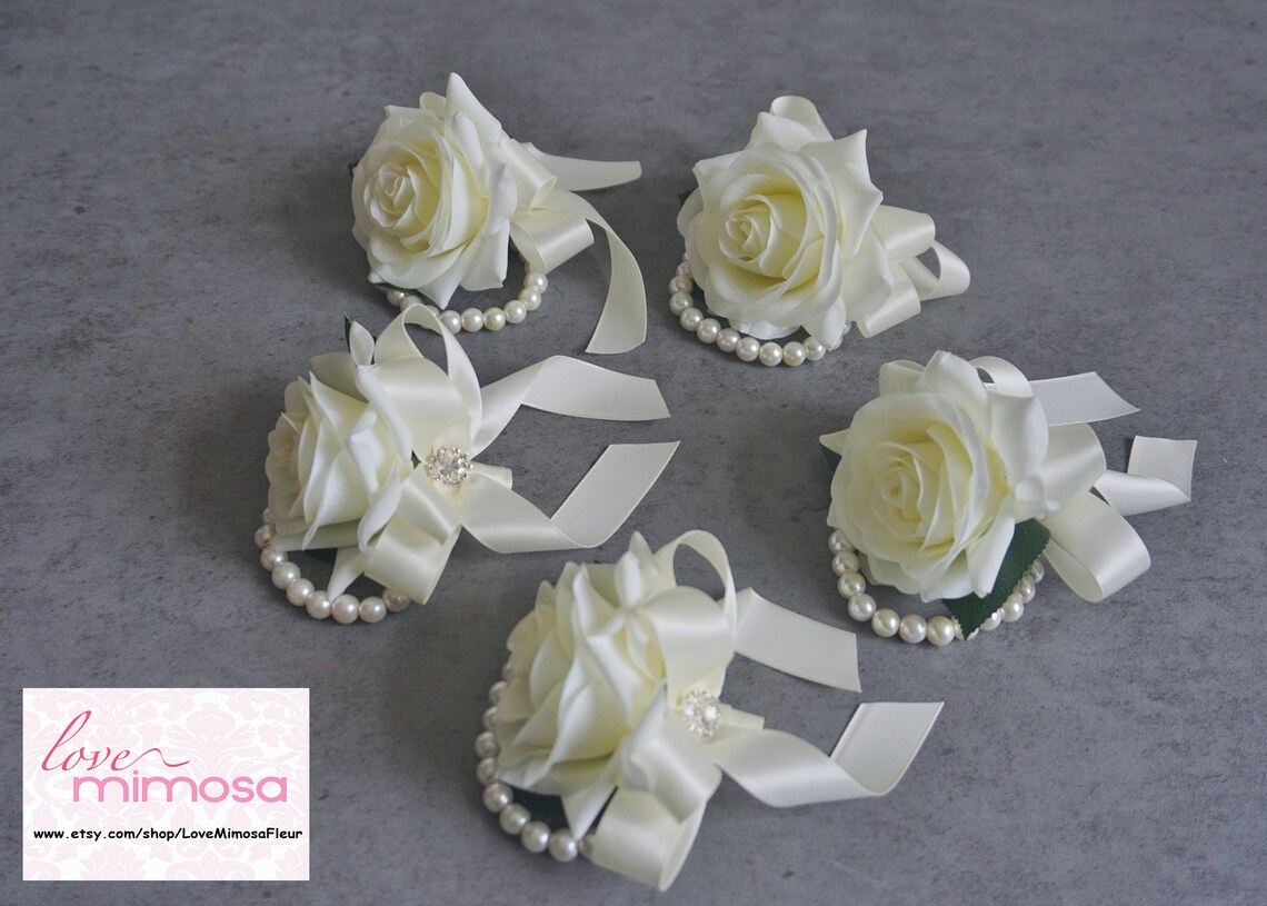 Wrist Corsage Ivory Rose Corsage Pearl Bracelet Bridesmaid Etsy