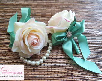 Wrist Corsage, Blush Pink Rose with mint ribbon, silk flower Corsage, Pearl Bracelet, bridesmaid gifts, Prom accessories, Boho Wedding