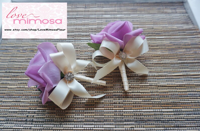 Mauve Purple Rose with Ivory ribbon Men/'s Boutonniere Bacelor Party Fathers Wedding Flowers Groomsman Gifts Silk Flower Boutonniere