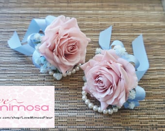 Corsage de poignet, Corsage rose rose vintage, Bracelet perle, Décor de mariage, Corsage de fleur de soie, Cadeaux de demoiselle d’honneur, Ruban Bluebird, Accessoires