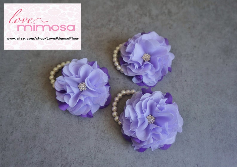 Wrist Corsage, Purple and Lavender Chiffon Corsage, bridesmaid Gifts, Fabric Rose Corsage, Pearl Bracelet, Wedding Decor, Party Accessories image 2