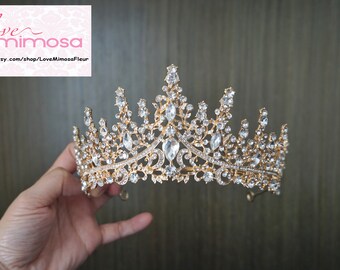 Tiara nupcial de oro, corona de boda de oro, corona nupcial, corona de oro, tiara de oro, tiara de cristal, coronas y tiaras, tocados vintage, C102