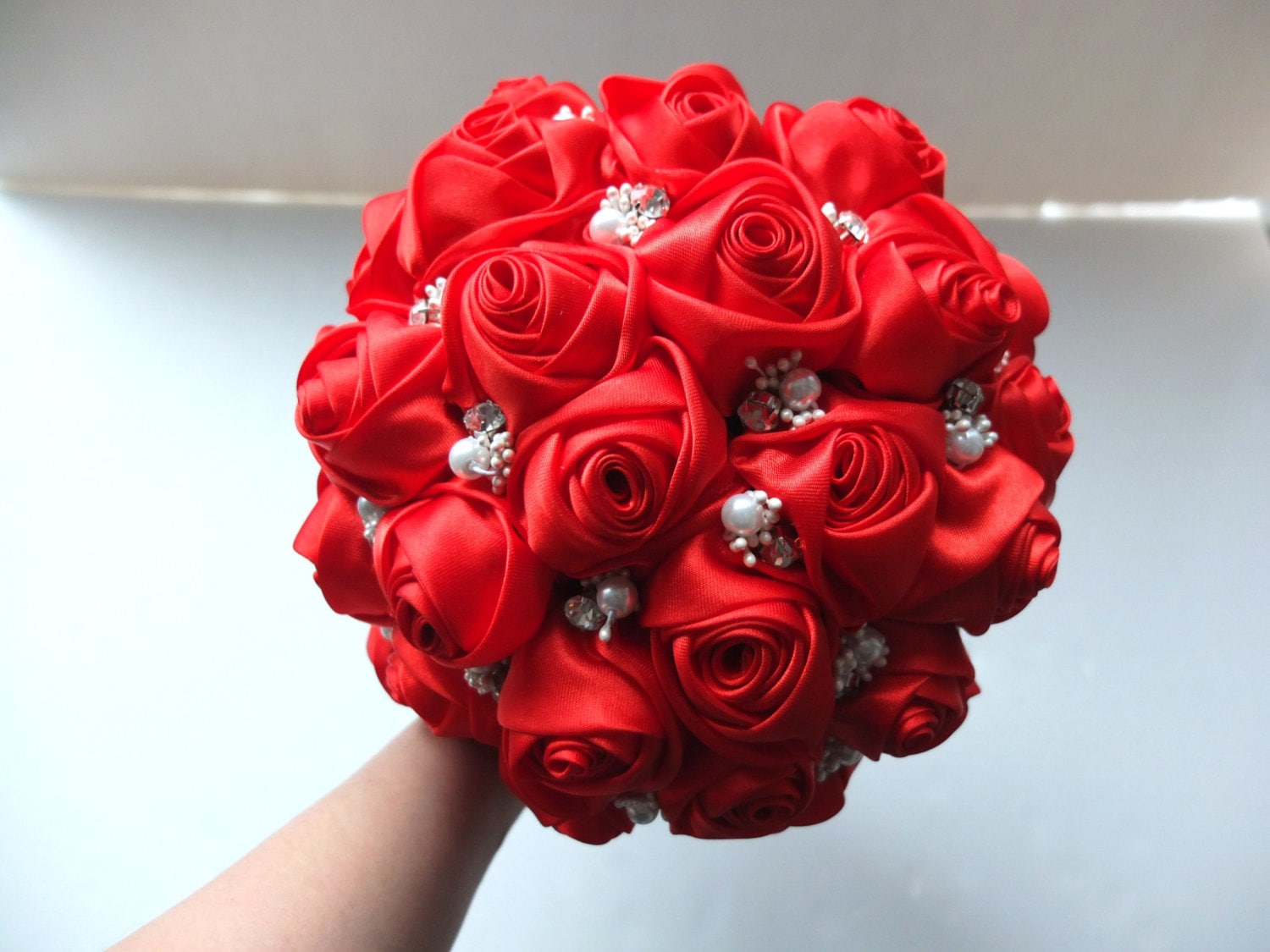 Handmade Satin Rose Bouquet All Red Satin Rose accented with Etsy