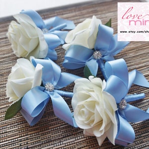 Men's Boutonniere, Ivory Rose with Bluebird Blue ribbon, groomsman Gift, silk flower corsage image 1