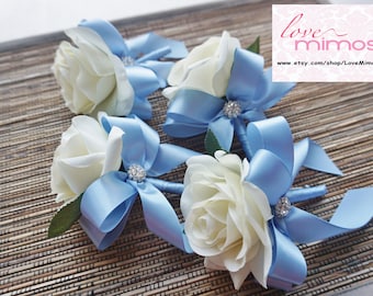 Men's Boutonniere, Ivory Rose with Bluebird Blue ribbon, groomsman Gift, silk flower corsage