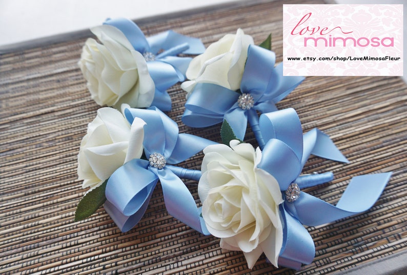 Men's Boutonniere, Ivory Rose with Bluebird Blue ribbon, groomsman Gift, silk flower corsage image 1