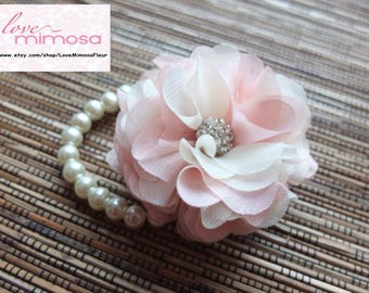 Wrist Corsage, Chiffon Flower Corsage (Ivory and Cherry Blossom Pink), Ivory and Pink Corsage, Chiffon Rose corsage