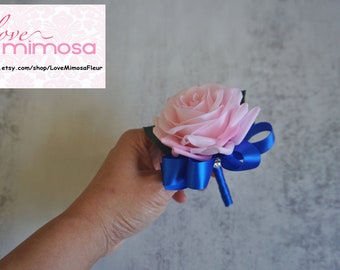 Men's Boutonniere, Light Pink Rose with Royal Blue ribbon, Silk Flower Corsage, Groomsman Gift, Prom Accessories, Wedding Flowers, Page Boy