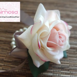 Wrist Corsage, Blush Pink Rose with silver ribbon, Bridesmaid Gifts, Wedding Flowers, Silk Flower Corsages, Prom Accessory, Corsage for mom image 6