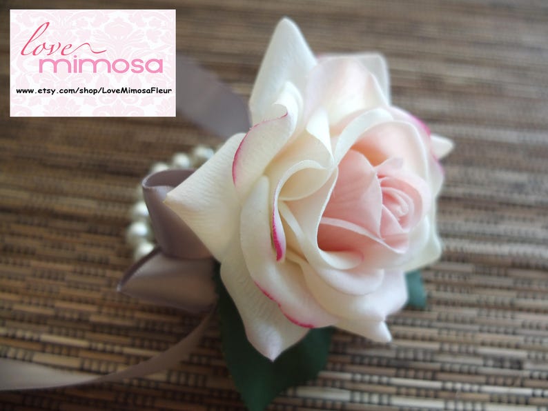 Wrist Corsage, Blush Pink Rose with silver ribbon, Bridesmaid Gifts, Wedding Flowers, Silk Flower Corsages, Prom Accessory, Corsage for mom image 6