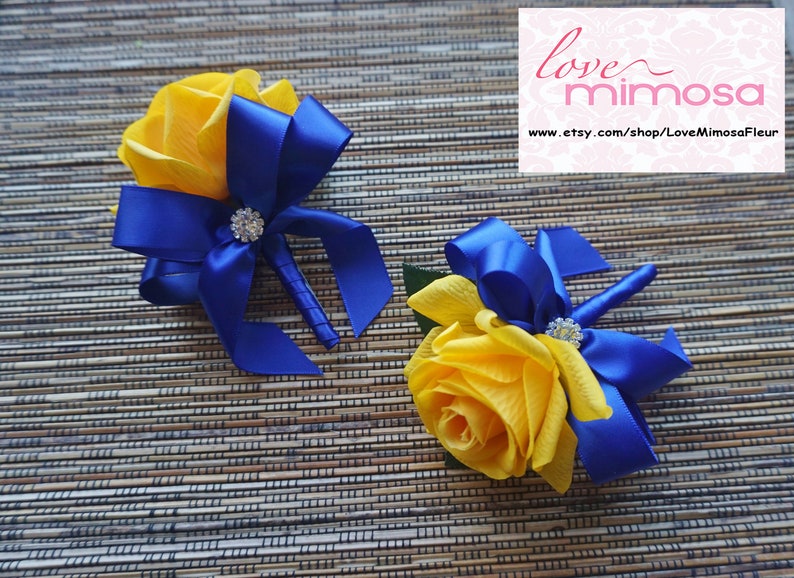 Men's Boutonniere, Yellow Rose with Royal blue ribbon, Silk Flower Corsage, Groomsman Gift, Prom Accessories, Boho Wedding, Page Boy 