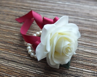 Wrist Corsage, Off White Rose with Burgundy / Wine Color ribbon on pearl bracelet, Christmas Corsage