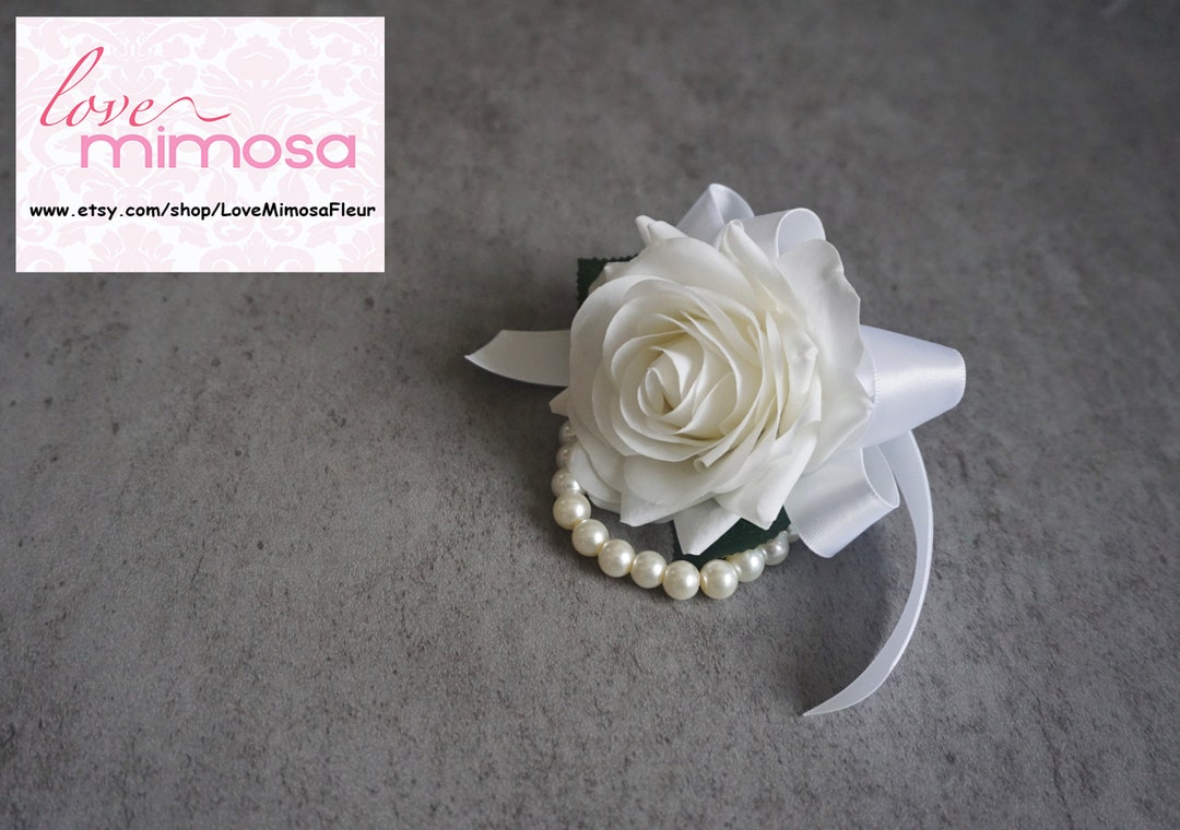 Wrist Corsage, WHITE ROSE Corsage, Pearl Bracelet, Bridesmaid Gift