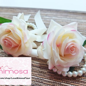 Wrist Corsage, Blush Pink Rose with ivory ribbon, Pearl bracelet, Bridesmaid Gift,, Silk Flower Corsage, Boho Wedding, Flower Girl corsage