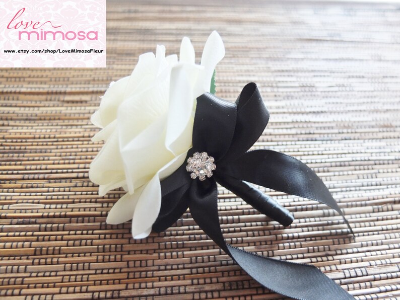 Boutonniere, Ivory Rose boutonniere with black ribbon, Groomsman Gifts, Lapel, Pin on corsage, Christmas Gifts, Prom accessories, BLACK, 