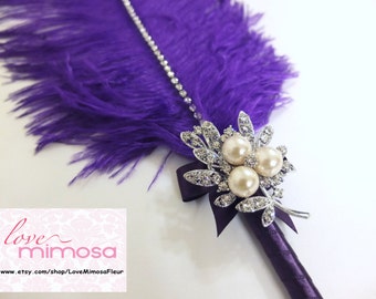 Feather Pen, Large Purple Ostrich feather Pen with Pearl brooch / Wedding Signing Pen / Guest Book Pen / Wedding Reception Accessories