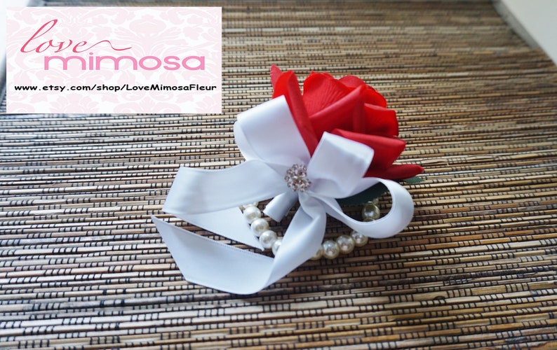 Wrist Corsage Christmas Corsage Red Rose with White ribbon on pearl bracelet