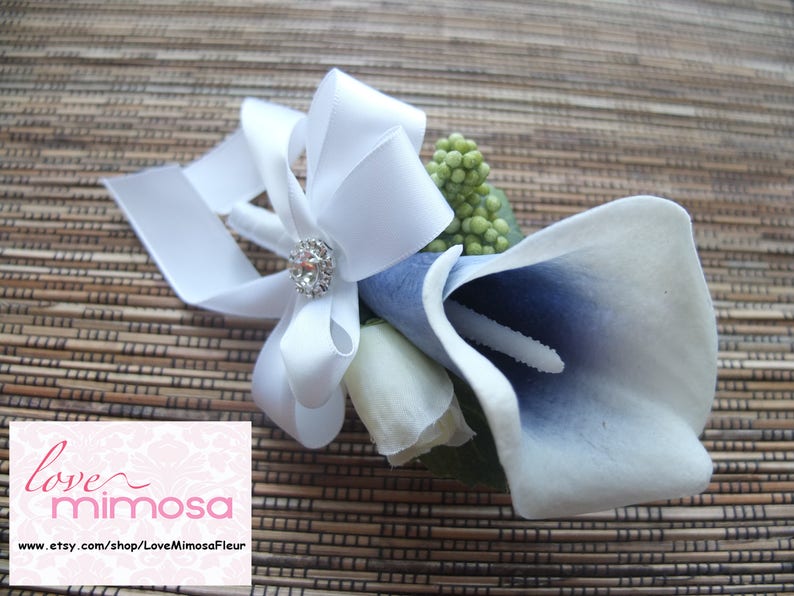 Royal Blue and White Calla Lily with White Ribbon Boutonniere Men/'s Boutonniere