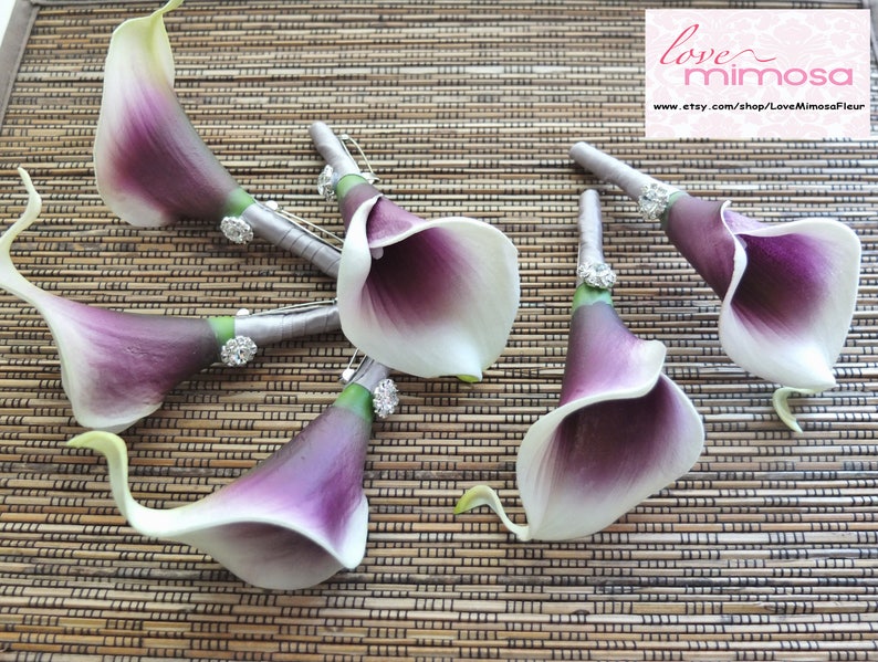 Men's Boutonniere- Purple Picasso Calla Lily with silver grey ribbon, Purple Calla Lily Corsage 