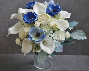 Blue Anemone & Calla Lily Bouquet, Silk Flower Bouquet, Bridal Bouquet, Bridesmaid gifts, Boho Wedding, Blue Bouquet, Destination Wedding