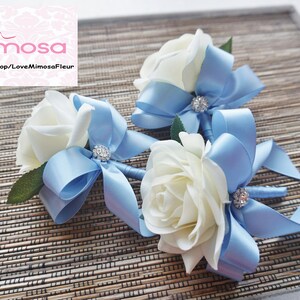 Men's Boutonniere, Ivory Rose with Bluebird Blue ribbon, groomsman Gift, silk flower corsage image 3
