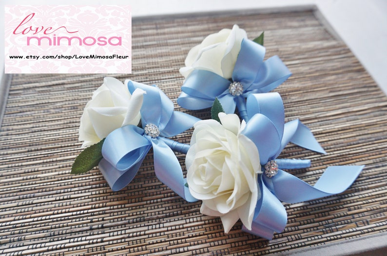 Men's Boutonniere, Ivory Rose with Bluebird Blue ribbon, groomsman Gift, silk flower corsage image 3