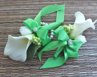 Boutonniere, Ivory Calla Lily with Lime Green Ribbon, Groomsman Gift, Silk Flower Corsage, Prom Accessories, Bachelor Party, Lapel Pin
