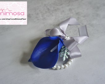 Wrist Corsage, Royal Blue Calla Lily with Silver Grey Ribbons, Bridesmaid Gifts, Silk Flower Corsage, Wedding Flowers, Flower Girl Corsage