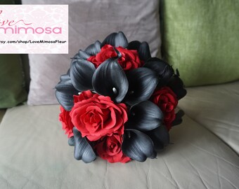 Bridal Bouquet, Black Calla Lily Bouquet, Red Rose Bouquet, bridesmaid bouquet, Silk Flower Bouquet, Bridesmaid Gift, Wedding Flowers