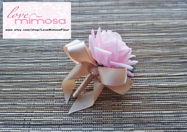 Mens Boutonniere, Soft Pink Rose Boutonniere, Pink Rose with champagne ribbon, Lapel Pin, Pin on corsage, Silk Flower Corsage, Accessories 