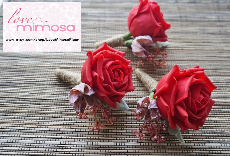 Men/'s Boutonniere Red Rose Rustic Boutonniere