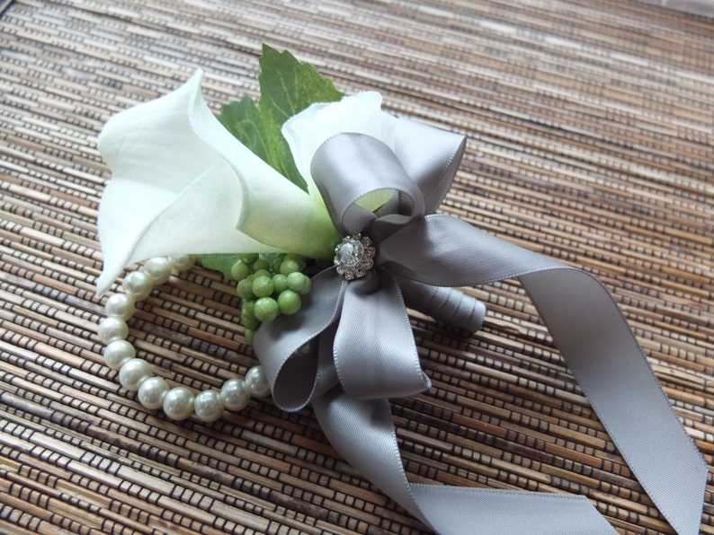 Wrist Corsage White Calla Lily and Silver Grey Ribbon Corsage Etsy