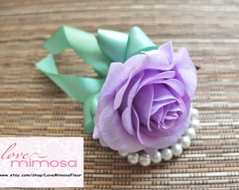 Wrist Corsage, Lilac Rose with mint ribbon corsage, Lavender Rose Corsage