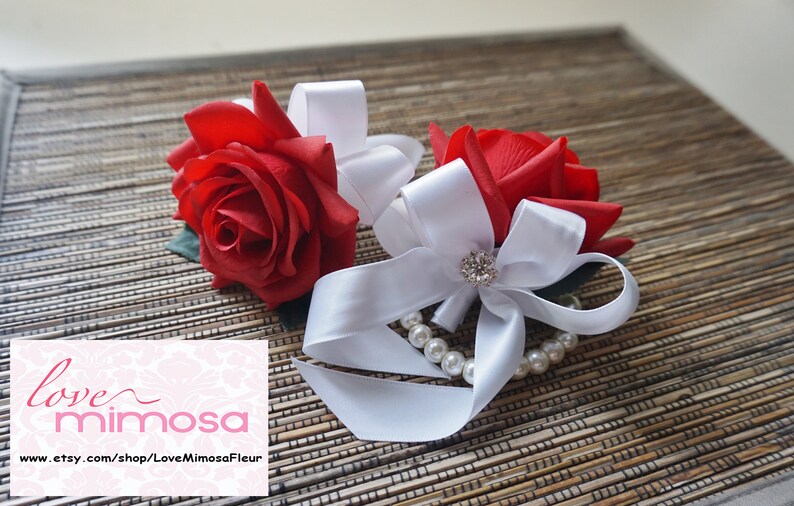 Wrist Corsage Christmas Corsage Red Rose with White ribbon on pearl bracelet