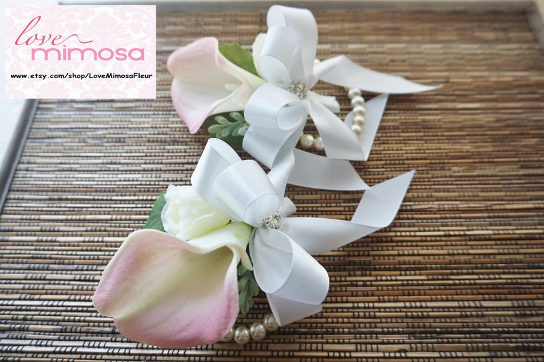 Wrist Corsages Blush Pink Calla Lily Corsage Pearl Bracelet Etsy