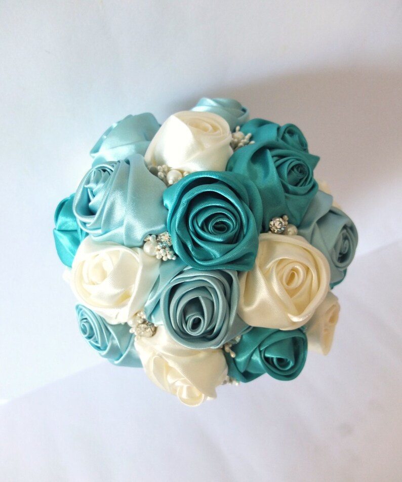 Ribbon Rose Bouquet Satin Rose Bouquet Ivory & Teal Flower Etsy