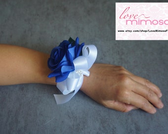 Wrist Corsage, Royal Blue rose with White ribbon, pearl bracelet, bridal corsage, bridesmaid gifts, boho wedding, silk flower corsage