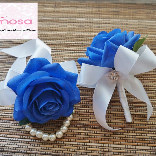 Hombres Boutonniere, Rosa Azul Real con cinta blanca, Regalos de Padrino, Flores de Boda