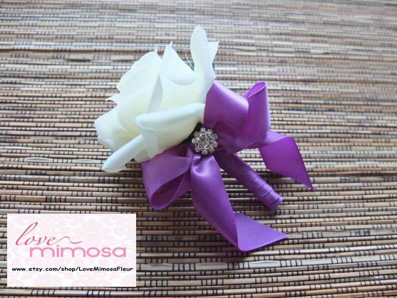 Boutonniere, White Rose with Purple ribbon, Groomsman Gifts, Silk Flower Corsage 