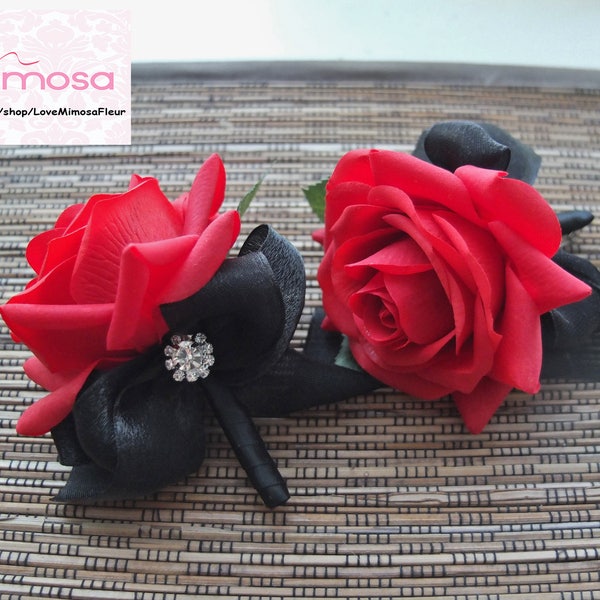 Men's Boutonniere,  Red Rose with Black Organza Ribbon, Silk Flower Corsage, Pin on corsage, Groomsman Gifts, Wedding Flowers, Lapel Pin