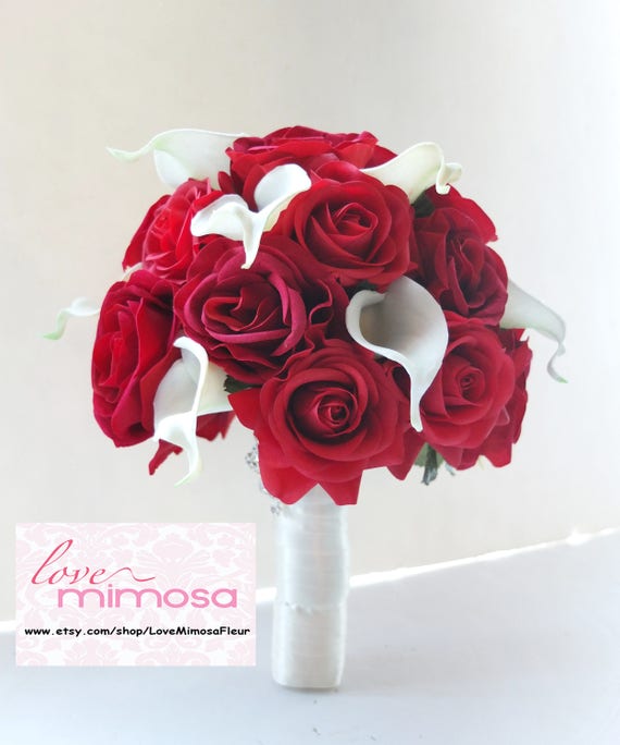 Bouquet de mariage Rose Rouge et Blanc Calla Lilies Bridal - Etsy France