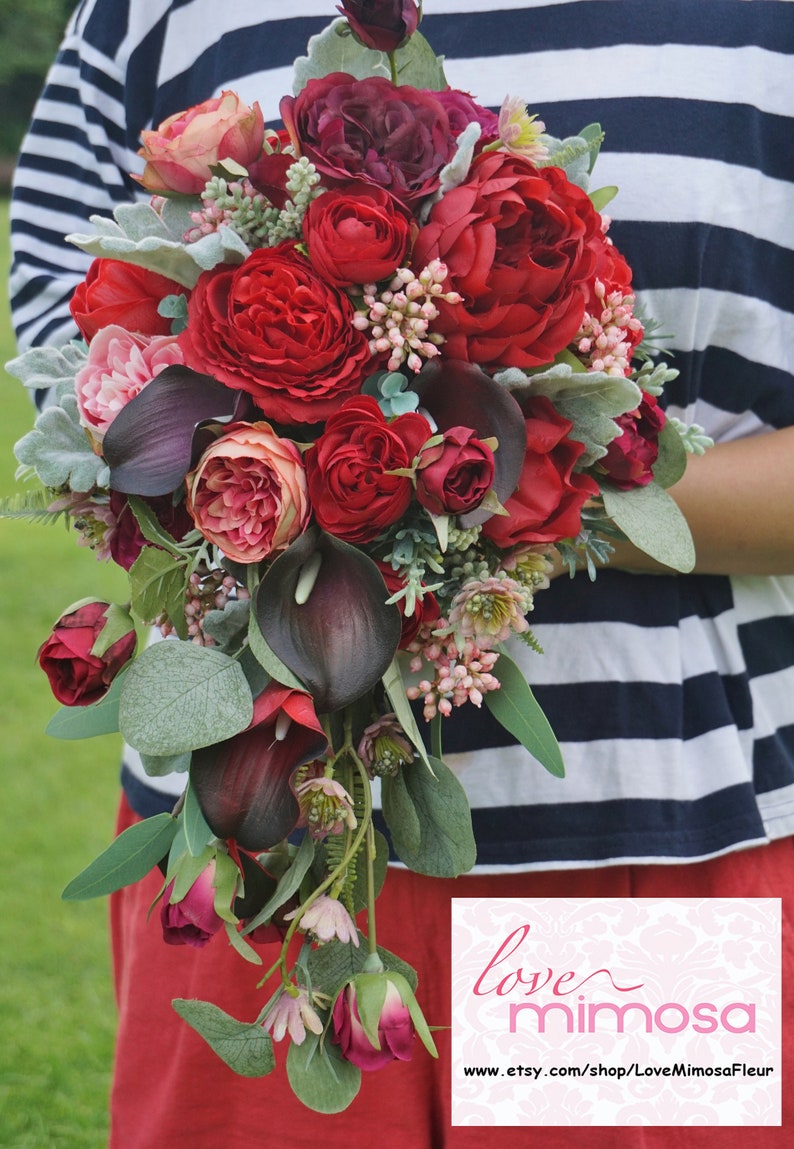 Bridal Bouquet bohemian bouquets Red Cascade Garden Rose and Calla Lily Bridal Bouquet